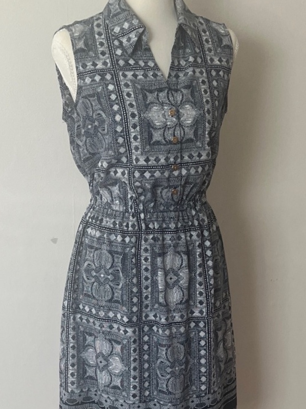 Alfani Sleeveless lightweight Blue Print Collared knee length Dress, women’s 4